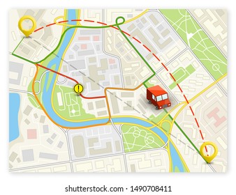 City map navigation banner, point marker background, simple vector drawing city plan GPS navigation, itinerary destination arrow paper city map banner. Route delivery check point infographic banner