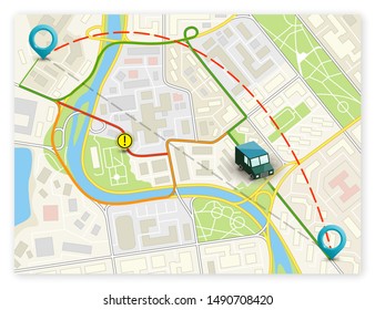 City map navigation banner, point marker background, simple vector drawing city plan GPS navigation, itinerary destination arrow paper city map banner. Route delivery check point infographic banner