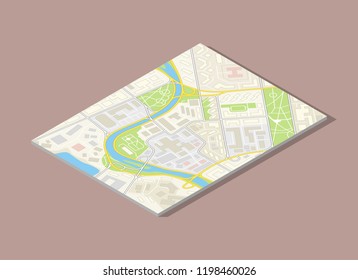City map navigation, color paper design background, vector drawing schema, 3D simple city plan GPS navigation on paper city map. Route of delivery check point graphic