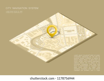 City map navigation, color point markers design background, vector drawing schema, 3D simple city plan GPS navigation, final destination arrow on paper city map. Route of delivery check point graphic