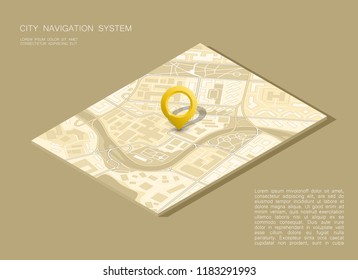 City map navigation, color point markers design background, vector drawing schema, 3D simple city plan GPS navigation, final destination arrow on paper city map. Route of delivery check point graphic