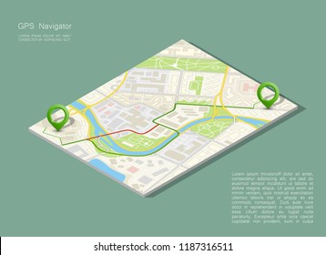 City map navigation, color point markers design background, vector drawing schema, 3D simple city plan GPS navigation, final destination arrow on paper city map. Route of delivery check point graphic