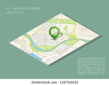 City map navigation, color point markers design background, vector drawing schema, 3D simple city plan GPS navigation, final destination arrow on paper city map. Route of delivery check point graphic