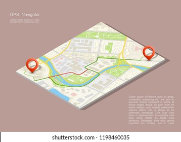 City map navigation, color point markers design background, vector drawing schema, 3D simple city plan GPS navigation, final destination arrow on paper city map. Route of delivery check point graphic