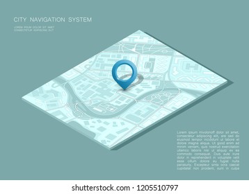 City map navigation, color point markers design background, vector drawing schema, 3D simple city plan GPS navigation, final destination arrow on paper city map. Route of delivery check point graphic