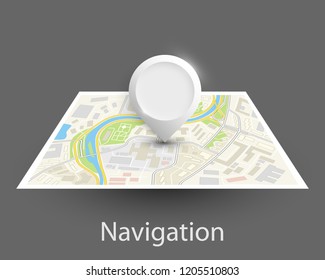 City map navigation, color point markers design background, vector drawing schema, 3D simple city plan GPS navigation, final destination arrow on paper city map. Route of delivery check point graphic