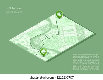 City map navigation, color point markers design background, vector drawing schema, 3D simple city plan GPS navigation, final destination arrow on paper city map. Route of delivery check point graphic