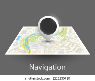 City map navigation, color point markers design background, vector drawing schema, 3D simple city plan GPS navigation, final destination arrow on paper city map. Route of delivery check point graphic