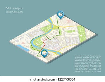 City map navigation, color point markers design background, vector drawing schema, 3D simple city plan GPS navigation, final destination arrow on paper city map. Route of delivery check point graphic