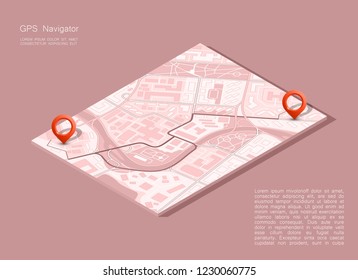 City map navigation, color point markers design background, vector drawing schema, 3D simple city plan GPS navigation, final destination arrow on paper city map. Route of delivery check point graphic