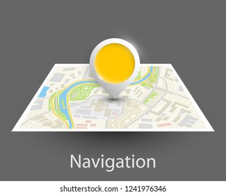 City map navigation, color point markers design background, vector drawing schema, 3D simple city plan GPS navigation, final destination arrow on paper city map. Route of delivery check point graphic