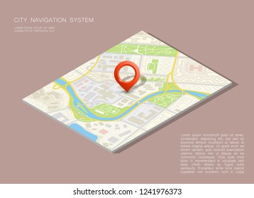 City map navigation, color point markers design background, vector drawing schema, 3D simple city plan GPS navigation, final destination arrow on paper city map. Route of delivery check point graphic