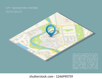 City map navigation, color point markers design background, vector drawing schema, 3D simple city plan GPS navigation, final destination arrow on paper city map. Route of delivery check point graphic