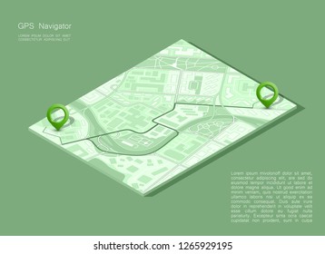 City map navigation, color point markers design background, vector drawing schema, 3D simple city plan GPS navigation, final destination arrow on paper city map. Route of delivery check point graphic