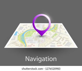 City map navigation, color point markers design background, vector drawing schema, 3D simple city plan GPS navigation, final destination arrow on paper city map. Route of delivery check point graphic