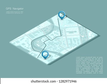 Navegación del mapa de la ciudad, fondo de diseño de marcadores de punto de color, esquema de dibujo de Vector, navegación GPS de Plan de ciudad simple 3D, flecha de destino final en el mapa de ciudad de papel. Gráfico de punto de control de ruta de entrega