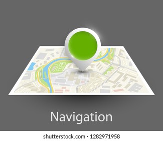 City map navigation, color point markers design background, vector drawing schema, 3D simple city plan GPS navigation, final destination arrow on paper city map. Route of delivery check point graphic