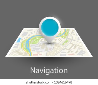 City map navigation, color point markers design background, vector drawing schema, 3D simple city plan GPS navigation, final destination arrow on paper city map. Route of delivery check point graphic