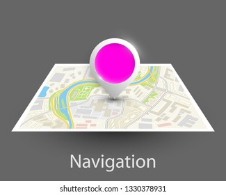 City map navigation, color point markers design background, vector drawing schema, 3D simple city plan GPS navigation, final destination arrow on paper city map. Route of delivery check point graphic