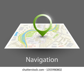 City map navigation, color point markers design background, vector drawing schema, 3D simple city plan GPS navigation, final destination arrow on paper city map. Route of delivery check point graphic