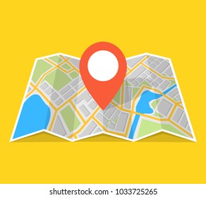 City map with navigation. Finding the way concept. Vector illustration.