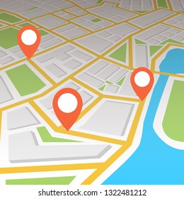 City map with navigation. Finding the way concept. Vector illustration.