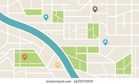 Navegação no mapa da cidade com GPS e ícone de marcador. Vista superior em estilo de vetor bonito plano