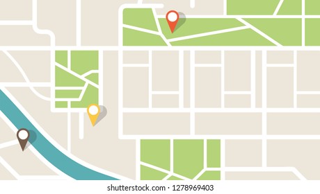 City map navigation. GPS navigator. Point marker icon. Top view, view from above. Abstract background. Cute simple design. Flat style vector illustration.