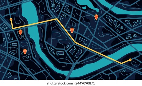 City map navigation. GPS navigator. Point marker icon. Top view, view from above. Abstract background. Simple realistic map design. Landscape with river. Flat style vector illustration.