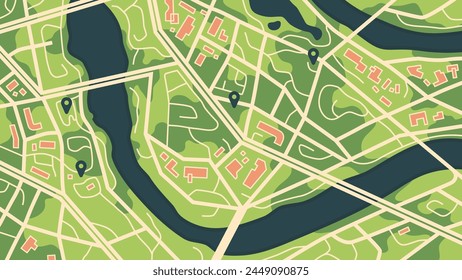 City map navigation. GPS navigator. Point marker icon. Top view, view from above. Abstract background. Simple realistic map design. Landscape with river. Flat style vector illustration.