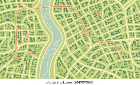 City map navigation. GPS navigator. Point marker icon. Top view, view from above. Abstract background. Simple realistic map design. Landscape with river. Flat style vector illustration.
