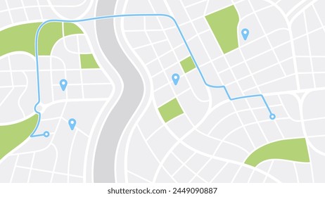 City map navigation. GPS navigator. Point marker icon. Top view, view from above. Abstract background. Simple realistic map design. Landscape with river. Flat style vector illustration.