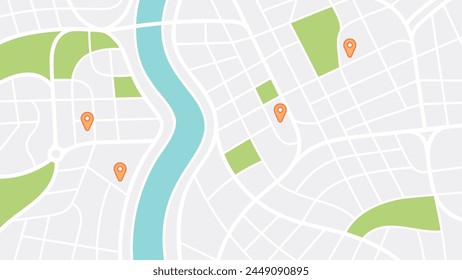 City map navigation. GPS navigator. Point marker icon. Top view, view from above. Abstract background. Simple realistic map design. Landscape with river. Flat style vector illustration.