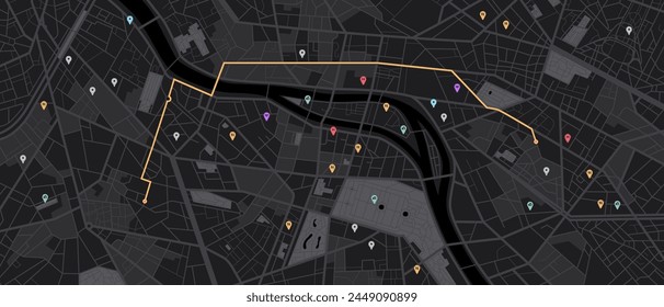 Navegación del mapa de la ciudad. Navegador GPS. Icono de marcador de punto. Vista superior, vista desde arriba. Fondo Abstractas. Diseño de mapa simple y realista. Paisaje con río. Ilustración vectorial plana. Colores oscuros.