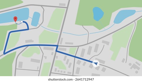 City map navigation. GPS navigator. Top view, view from above. Simple realistic map design with small town, forest, river and lakes and arrow and route. Landscape with river. Vector illustration.