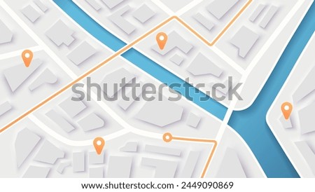 City map navigation. GPS navigator. Point marker icon. Top view, view from above. Abstract background. Simple realistic map design. Landscape with river. Flat style vector illustration.