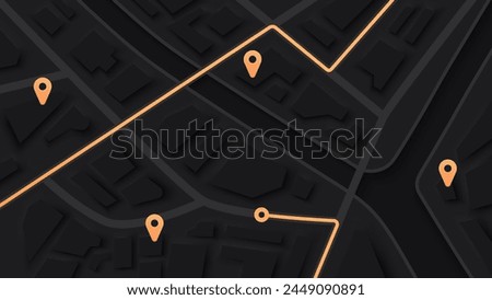 City map navigation. GPS navigator. Point marker icon. Top view, view from above. Abstract background. Simple realistic map design. Landscape with river. Flat style vector illustration. Dark colors.