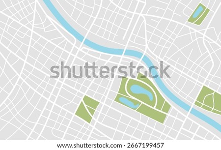 City map navigation. GPS navigator. Top view, view from above. Simple realistic map design with big town, river and parks. Landscape with small and big streets. Vector illustration in dim colors.
