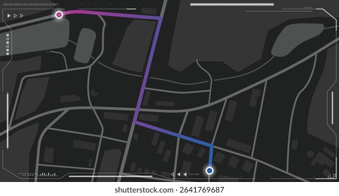 City map navigation gray monochrome view with neon color route. Top view, view from above on route with futuristic UI overlay. Simple realistic map design with small town, houses and interface.