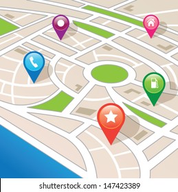 City map with navigation icons