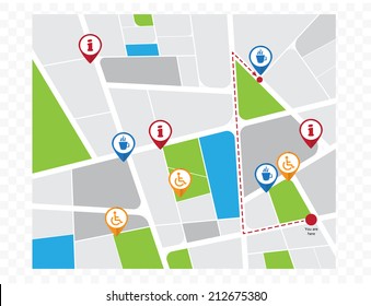 City map with navigation icons