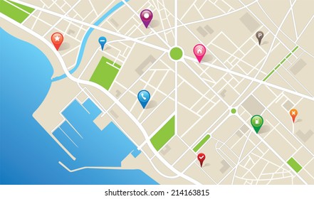 City map with navigation icons