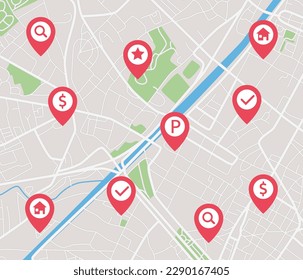 City map with navigation icons. Vector.