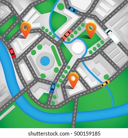 City map with navigation icons. Vector Info graphic with a tortuous road, cars and truck. Perspective city map with orange markers