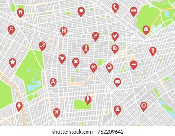 City map with navigation icons. Vector illustration
