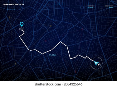 Interfaz de navegación del mapa de ciudad. Pantalla vectorial del navegador GPS, calles y fondo de ubicación. Interfaz de pantalla del mapa de la ciudad con las flechas de dirección del pasador de destino de la carretera, la brújula y la ruta de tráfico