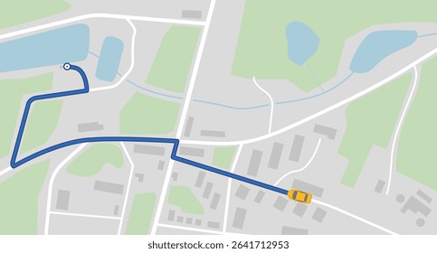 City map navigation on car navigator with route and destination point, yellow car. Top view, view from above on taxi route. Simple realistic map design with small town, forest, river and lakes.
