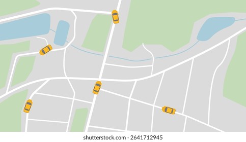 City map navigation on navigator with yellow taxi cars. Top view, view from above on taxi availability. Simple realistic map design with small town, forest, river and lakes. Vector illustration.