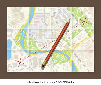 City map navigation with pencil banner, point marker background, simple flat drawing city plan GPS navigation, itinerary destination mark paper