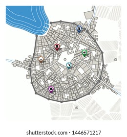 City map with navigation pins